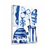 Aluminum abstract painting in blue and white tones featuring a stylized flower, striped vase and urn shapes, and scalloped geometric patterns, signed by the artist in the lower right corner. Artist Kerri Rosenthal. Outdoor art