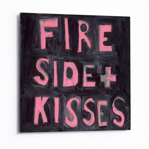 Kerri Rosenthal "Fireside + Kisses" original painting in aluminum, side angle view showing pink hand-painted block letters on black canvas, textured word art detail