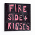 Kerri Rosenthal "Fireside + Kisses" original painting in aluminum, side angle view showing pink hand-painted block letters on black canvas, textured word art detail