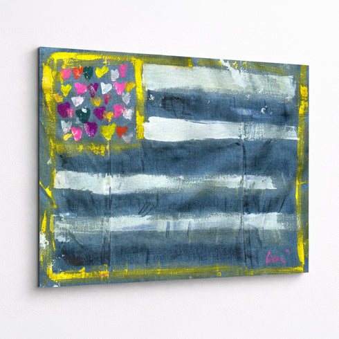 Abstract Flag painting on aluminum with blue, white, and multicolored heart design on a white background. Artwork by Kerri Rosenthal.