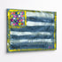 Abstract Flag painting on aluminum with blue, white, and multicolored heart design on a white background. Artwork by Kerri Rosenthal.