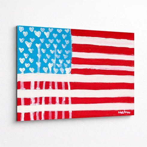 American Flag painting by Kerri Rosenthal featuring her signature Drippy Hearts motif as stars with aluminum framing