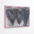 Close-up of hand-painted 3 black connecting hearts and gray and pink background texture and brushstrokes on Holding Hearts art print on aluminum by Artist Kerri Rosenthal.