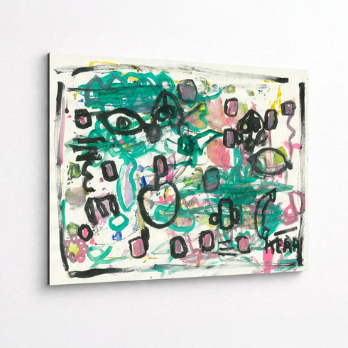 Aluminum original abstract painting by Kerri Rosenthal featuring teal, black, and pink brushstrokes with whimsical eye and heart motifs on white canvas, colorful contemporary wall art.