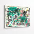 Aluminum original abstract painting by Kerri Rosenthal featuring teal, black, and pink brushstrokes with whimsical eye and heart motifs on white canvas, colorful contemporary wall art.