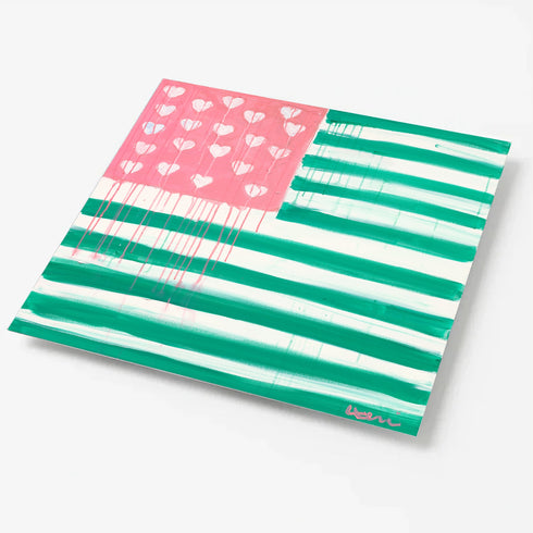 Kerri Rosenthal Heart-Flag painting in pink and green: an American flag design with a pink star field filled with white dripping hearts and teal-green and white painted stripes in aluminum.