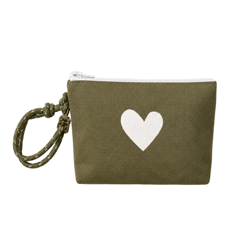 An olive green canvas wristlet pouch with a white heart printed on the front, featuring a matching green patterned wrist strap and a silver zipper closure, set against a plain white background.
