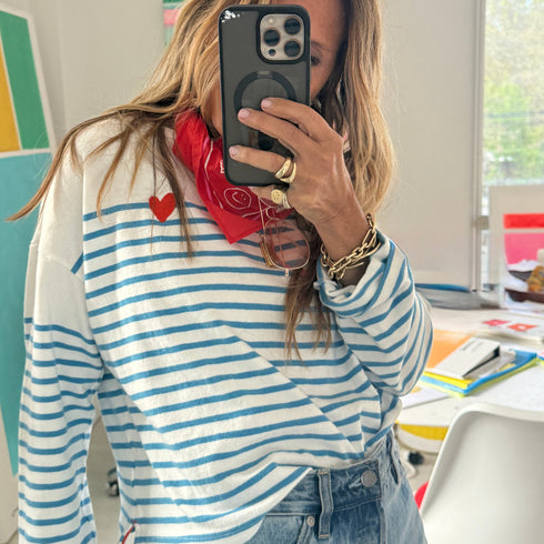 Artist blue and white striped shirt in 100% cotton with long sleeves - Shop cute womens striped tee by Kerri Rosenthal