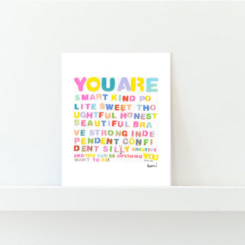 Be Anything mini art print - positive word art smart kind polite sweet thoughtful honest beautiful brave strong independent confident silly creative