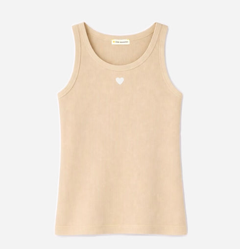 KR beige ribbed tank top in cotton-blend with embroidered heart - Shop women's cute cotton tank tops by Kerri Rosenthal