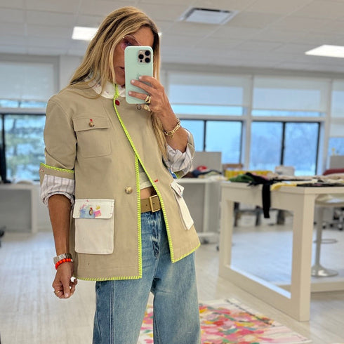 Barn beige blazer jacket in cotton blend with elbow patches and Kerri's paint-splat artwork by Kerri Rosenthal