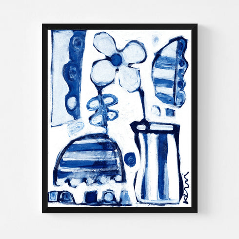 Framed abstract painting in blue and white tones featuring a stylized flower, striped vase and urn shapes, and scalloped geometric patterns, signed by the artist in the lower right corner. Artist Kerri Rosenthal.