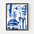 Framed abstract painting in blue and white tones featuring a stylized flower, striped vase and urn shapes, and scalloped geometric patterns, signed by the artist in the lower right corner. Artist Kerri Rosenthal.