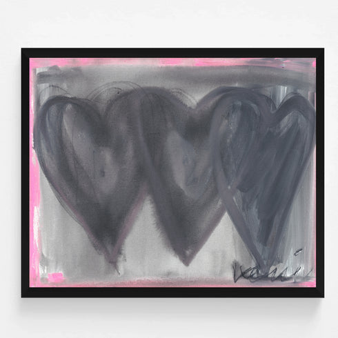 Holding Hearts art print by Kerri Rosenthal with three black hearts and grey ground and pink outline in a black frame.