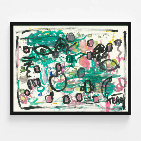 Framed original abstract painting by Kerri Rosenthal featuring teal, black, and pink brushstrokes with whimsical eye and heart motifs on white canvas, colorful contemporary wall art.