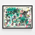 Framed original abstract painting by Kerri Rosenthal featuring teal, black, and pink brushstrokes with whimsical eye and heart motifs on white canvas, colorful contemporary wall art.