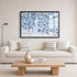 Starry Starry Love by Kerri Rosenthal — hand-painted hearts and stars in blue, navy, and grey in black frame in white living room and black and white stripe pillows.
