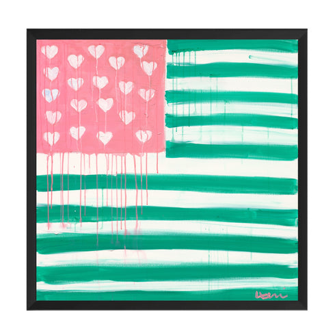 Kerri Rosenthal Heart-Flag painting in pink and green: an American flag design with a pink star field filled with white dripping hearts and teal-green and white painted stripes, framed in black.