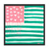 Kerri Rosenthal Heart-Flag painting in pink and green: an American flag design with a pink star field filled with white dripping hearts and teal-green and white painted stripes, framed in black.