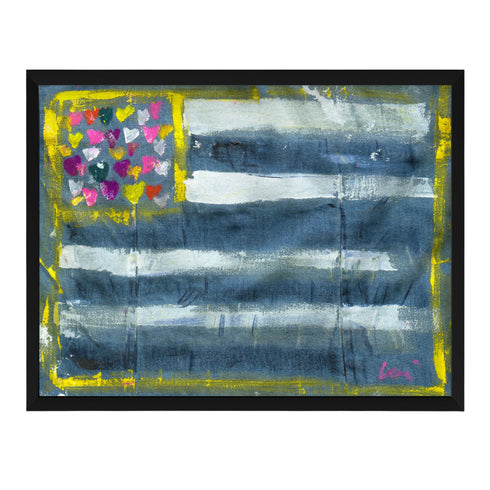 Abstract Flag painting with blue, white, and multicolored heart design on a white background. Artwork by Kerri Rosenthal.