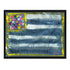 Abstract Flag painting with blue, white, and multicolored heart design on a white background. Artwork by Kerri Rosenthal.