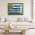 Living room with a white sofa, wooden coffee table, and Abstract Flag painting with blue, white, and multicolored heart design on a white background. Artwork by Kerri Rosenthal.