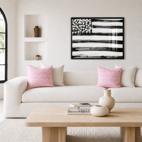 Black Frame version of Love Has No Color black white art print by Kerri Rosenthal in modern living room
