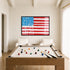 American Flag painting by Kerri Rosenthal featuring her signature Drippy Hearts motif as stars in a custom black frame shown inside a den with a pool table