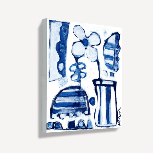 Abstract painting on canvas in blue and white tones featuring a stylized flower, striped vase and urn shapes, and scalloped geometric patterns, signed by the artist in the lower right corner. Artist Kerri Rosenthal.
