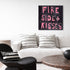 Kerri Rosenthal "Fireside + Kisses" original canvas art hung above white linen sofa with striped throw pillows, pink block letter painting in minimalist living room setting