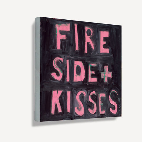 Kerri Rosenthal "Fireside + Kisses" gallery wrapped canvas painting side profile view, showing depth and edge detail of pink lettering on black background