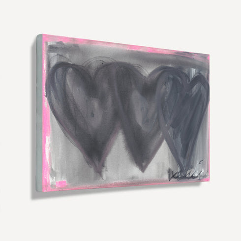 Close-up of hand-painted 3 black connecting heart s and greay and pink background texture and brushstrokes on Holding Hearts art print on canvas by Artist Kerri Rosenthal.