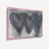 Close-up of hand-painted 3 black connecting heart s and greay and pink background texture and brushstrokes on Holding Hearts art print on canvas by Artist Kerri Rosenthal.