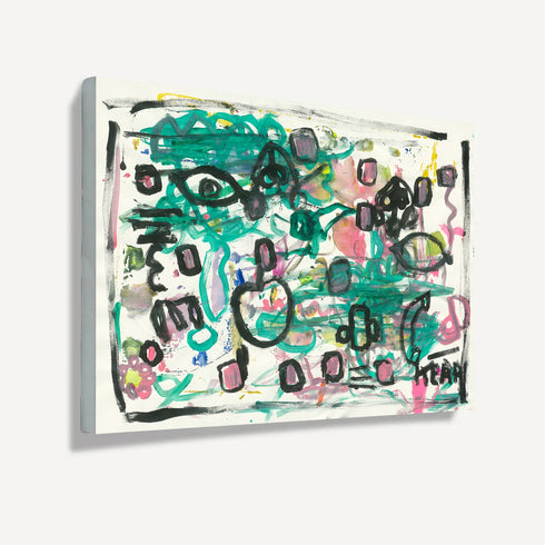 Canvas original abstract painting by Kerri Rosenthal featuring teal, black, and pink brushstrokes with whimsical eye and heart motifs on white canvas, colorful contemporary wall art.