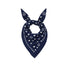Blue bandana scarf with white heart and dot print, tied in a knot.