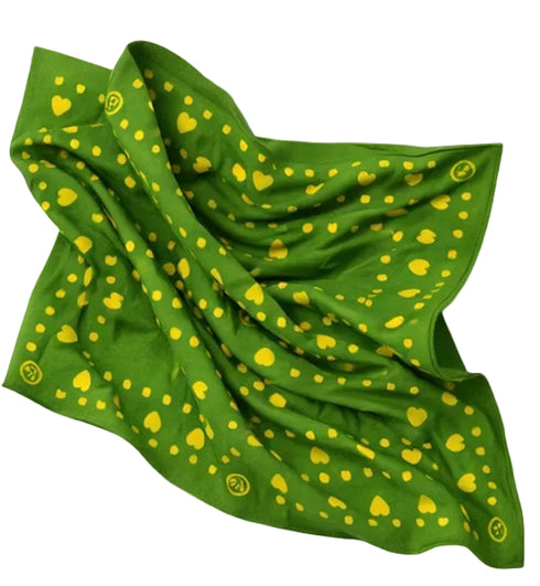 Green bandana laid flat, featuring a repeating yellow heart and dot border pattern with smiley face icons in the corners by Kerri Rosenthal