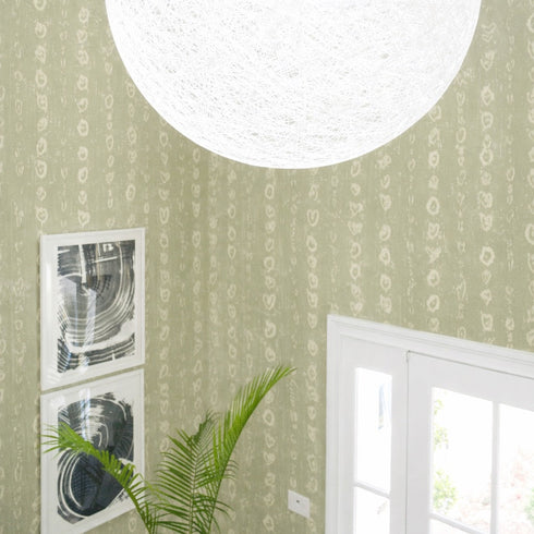 Room interior with green patterned wallpaper, ceiling light, and plant.