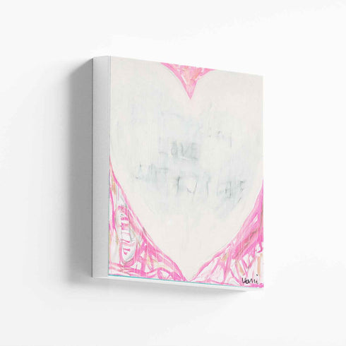 Dreamlove art print transports the viewer to dreamy thoughts with pink tones surrounding a white heart and subtle love word artwork - Perfect wall artwork by Kerri Rosenthal