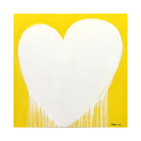 White drippy heart original painting on yellow background with Kerri's signature in black in the bottom right corner.