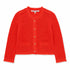 Kerri Rosenthal vermillion boucle tweed fringe jacket with gold heart buttons flat lay.