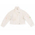 White denim cropped moto jacket with asymmetric zip front, shawl collar, and light coral and green paint splatter accents — Kerri Rosenthal wearable art"