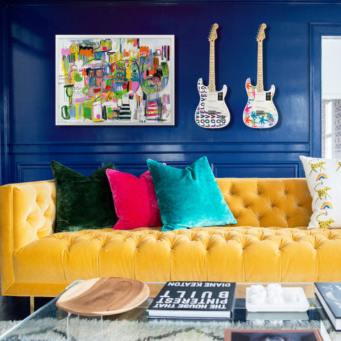 Colorful multi love on repeat fender stratocasters guitar artwork by Kerri Rosenthal