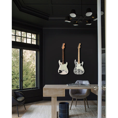 Black and white Drippy Heart fender stratocasters guitars wall art artwork musicians office by Kerri Rosenthal