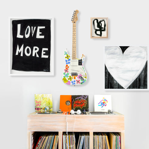 Colorful multi oopsie daisy Fender stratocasters guitar artwork by Kerri Rosenthal