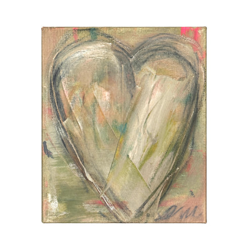 Heart Notes II, an original painting of a heart in sage, cream, and soft neutrals with flashes of pink on textured canvas.