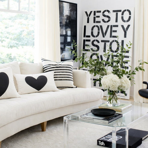 Imperfect Heart Throw Pillow - White with black heart design decorative pillows for couch. Available in lumbar rectangular and square sizes. made in USA by Kerri Rosenthal