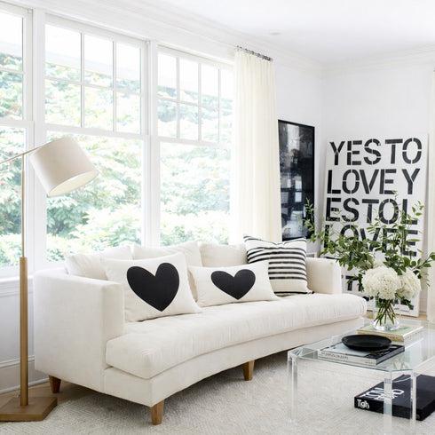 Imperfect Heart Throw Pillow - White linen with black heart design decorative pillows. Available in rectangular lumbar or square sizes. Made in USA by Kerri Rosenthal