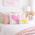 Imperfect Heart Throw Pillows - White with pink and yellow hearts design decorative pillow. Cute throw pillows for bed available in rectangular lumbar or square shape. Made in USA by Kerri Rosenthal.