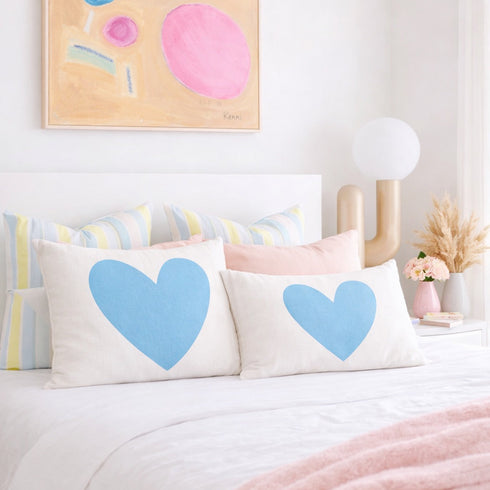 Imperfect Heart Throw Pillow - White linen with blue hearts design decorative pillows. Cute throw pillows for bed. Available in rectangular lumbar or square shape. Made in USA by Kerri Rosenthal