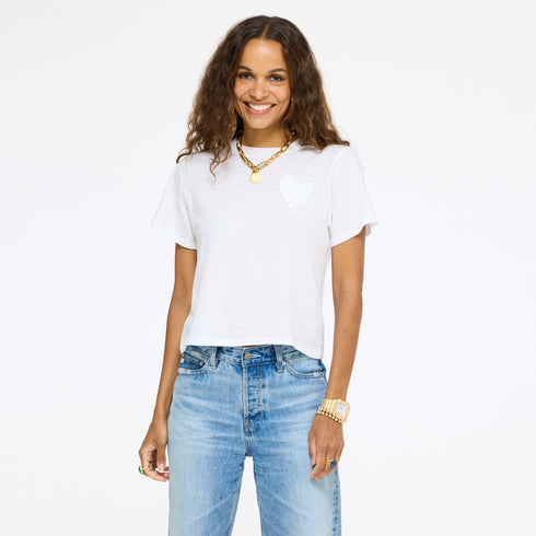 Slub white tee shirt in cotton with relaxed fit and heart patch pocket - Shop women's cute cotton tees by Kerri Rosenthal
